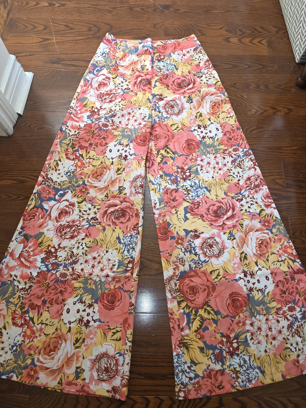 SHEIN Pink & Yellow Floral Wide Leg Pants with Green Leaves